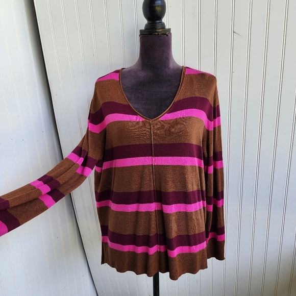 NWT APT 9 Women’s Knit V-Neck Pullover Brown Pink Striped Sweater Lighweight L - Picture 2 of 11
